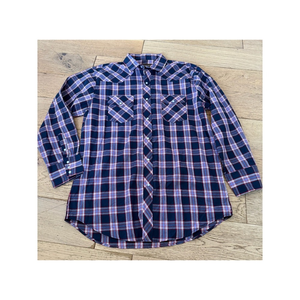 Roper Mens Plaid Snap Front‎ Long Sleeve Western Shirt 2XL Blue Red White